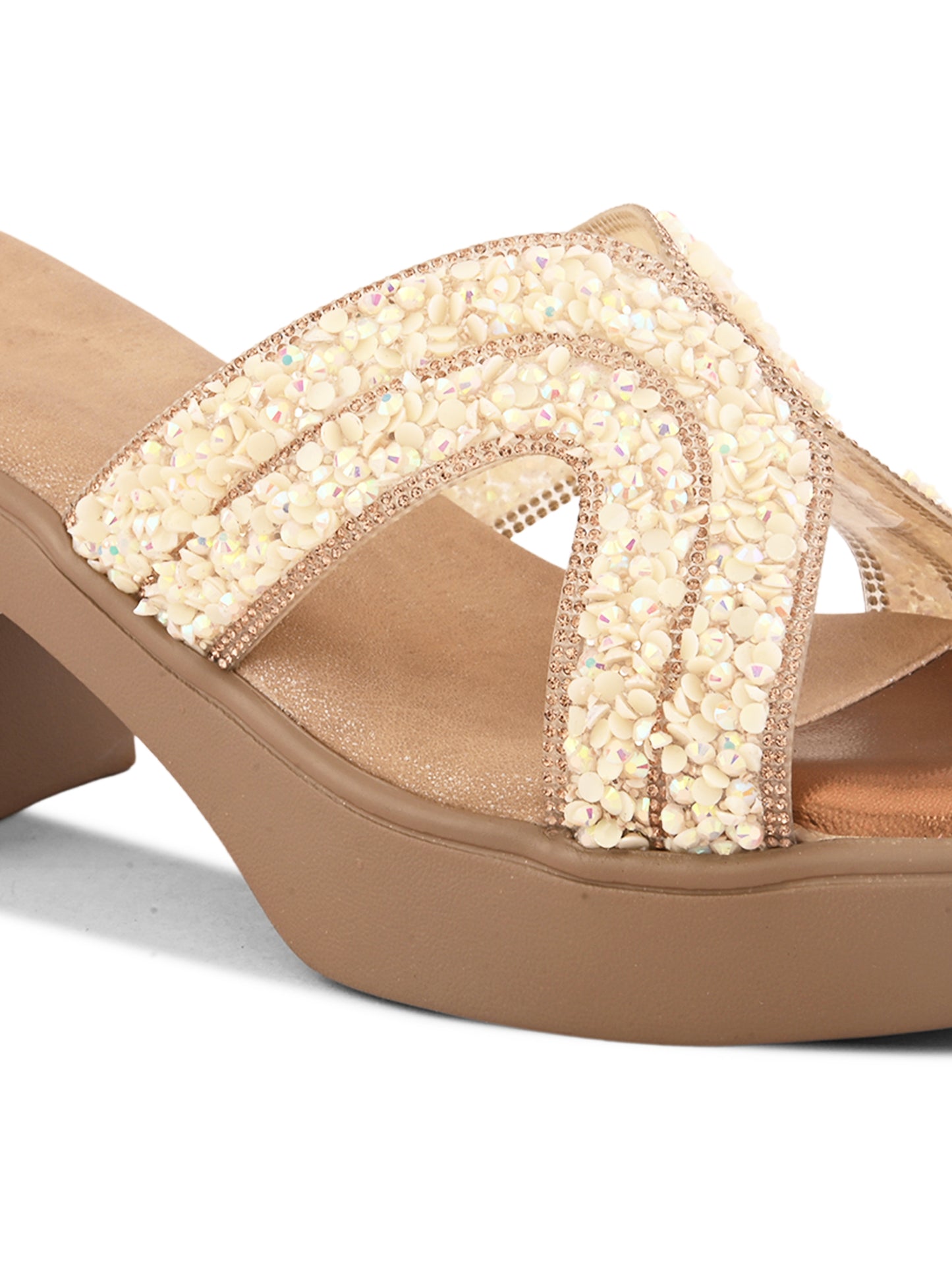 Embellished Criss-Cross Beaded Design Slip-On Block Heel Sandals
