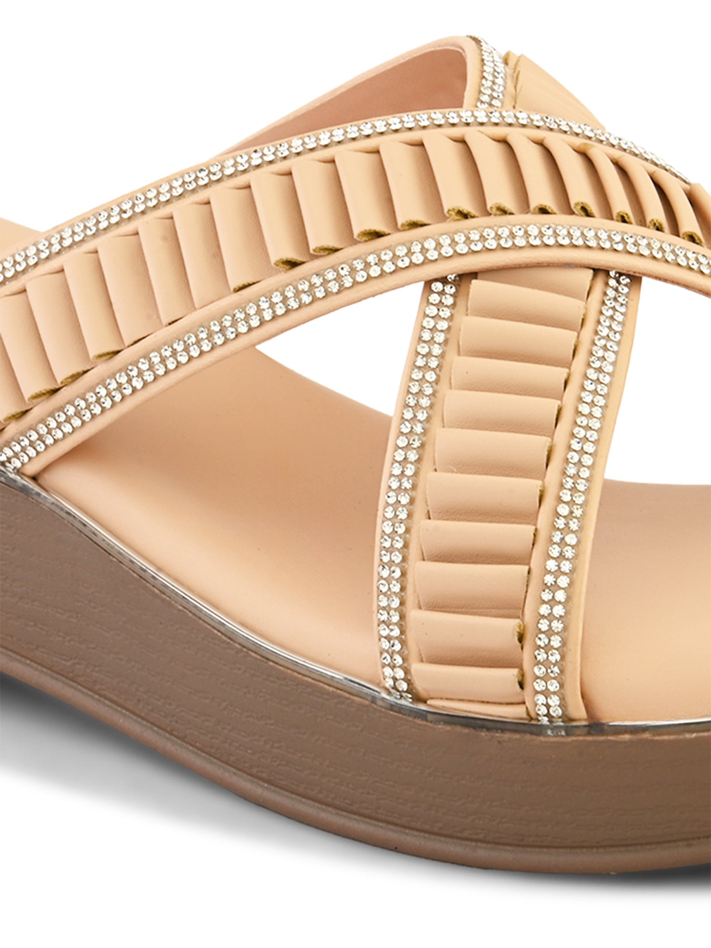 Criss-Cross Wedge Sandals for Women Pleated Straps with Subtle Shine Detailing