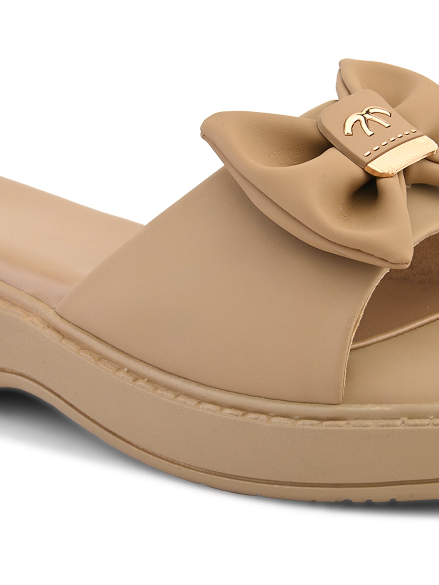 Wedge Slide Sandals for Women Soft Bow Accent on Wide Upper Strap