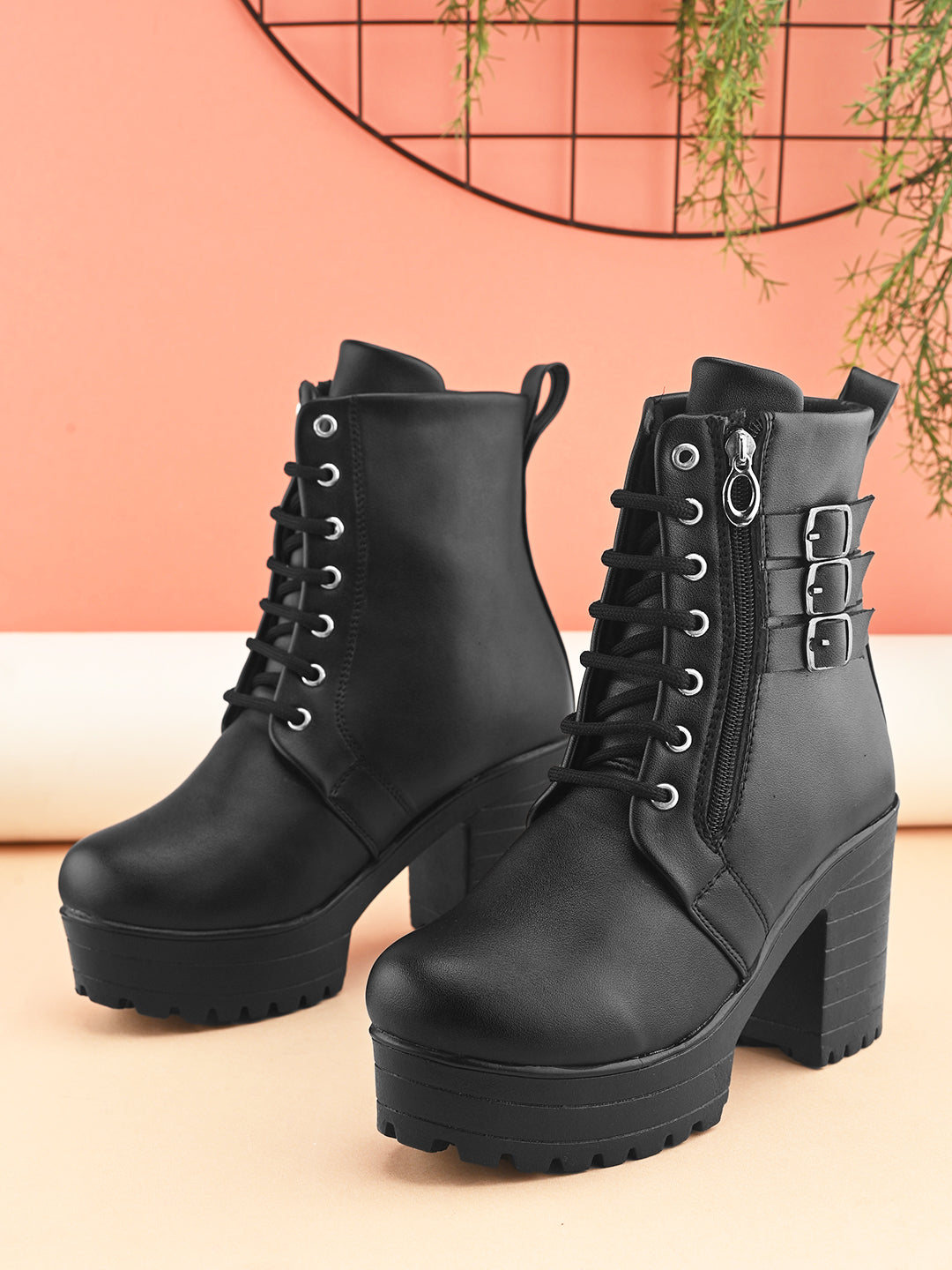 Women’s Triple Buckle Lace-Up Ankle Boots