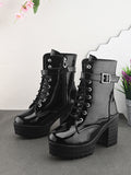 Comfortable zipper black block heel boots