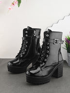 Comfortable zipper black block heel boots