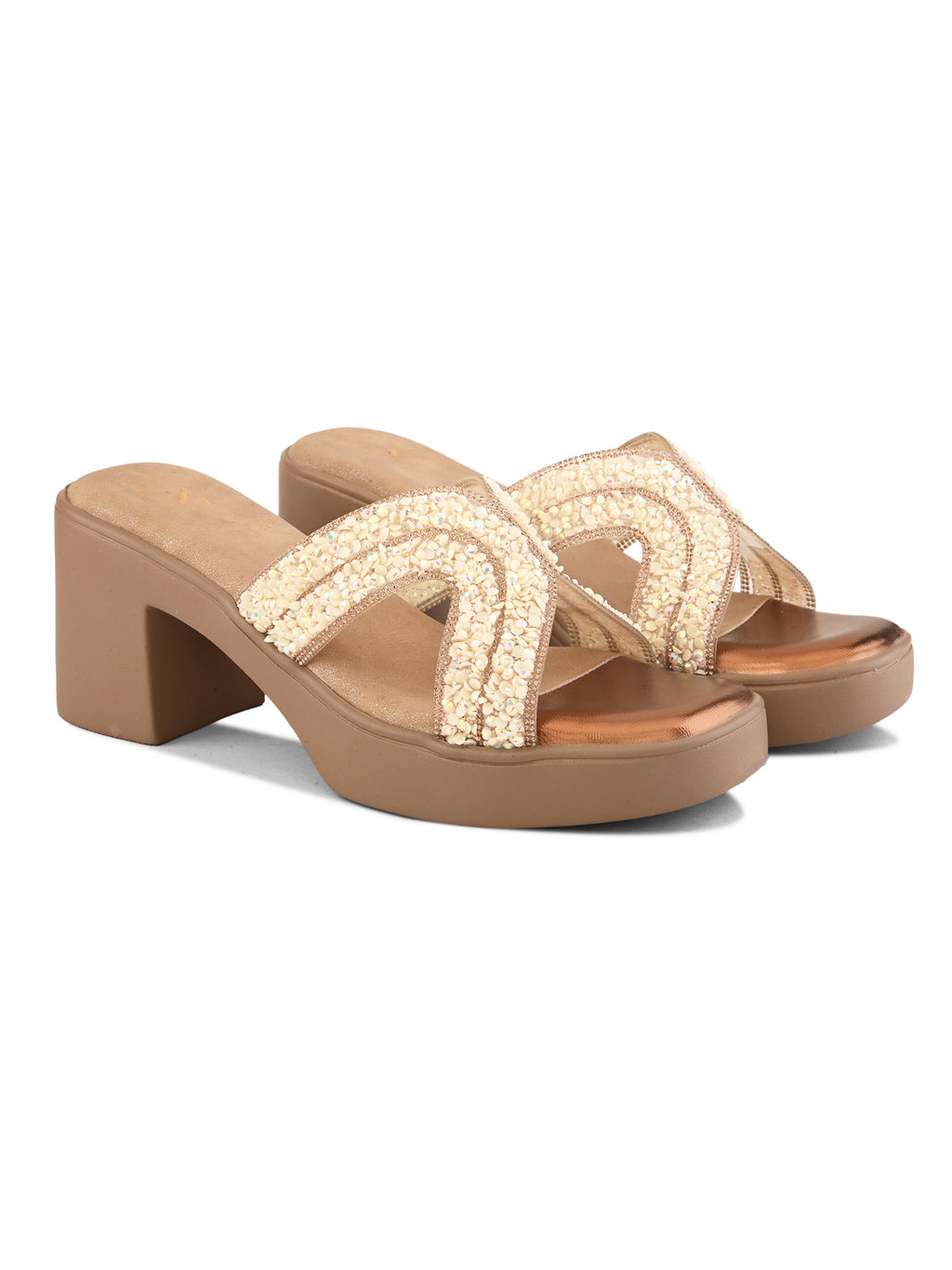 Embellished Criss-Cross Beaded Design Slip-On Block Heel Sandals