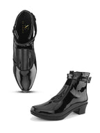 Glossy Buckle Accent Side Zipper Block Heel Ankle Boots