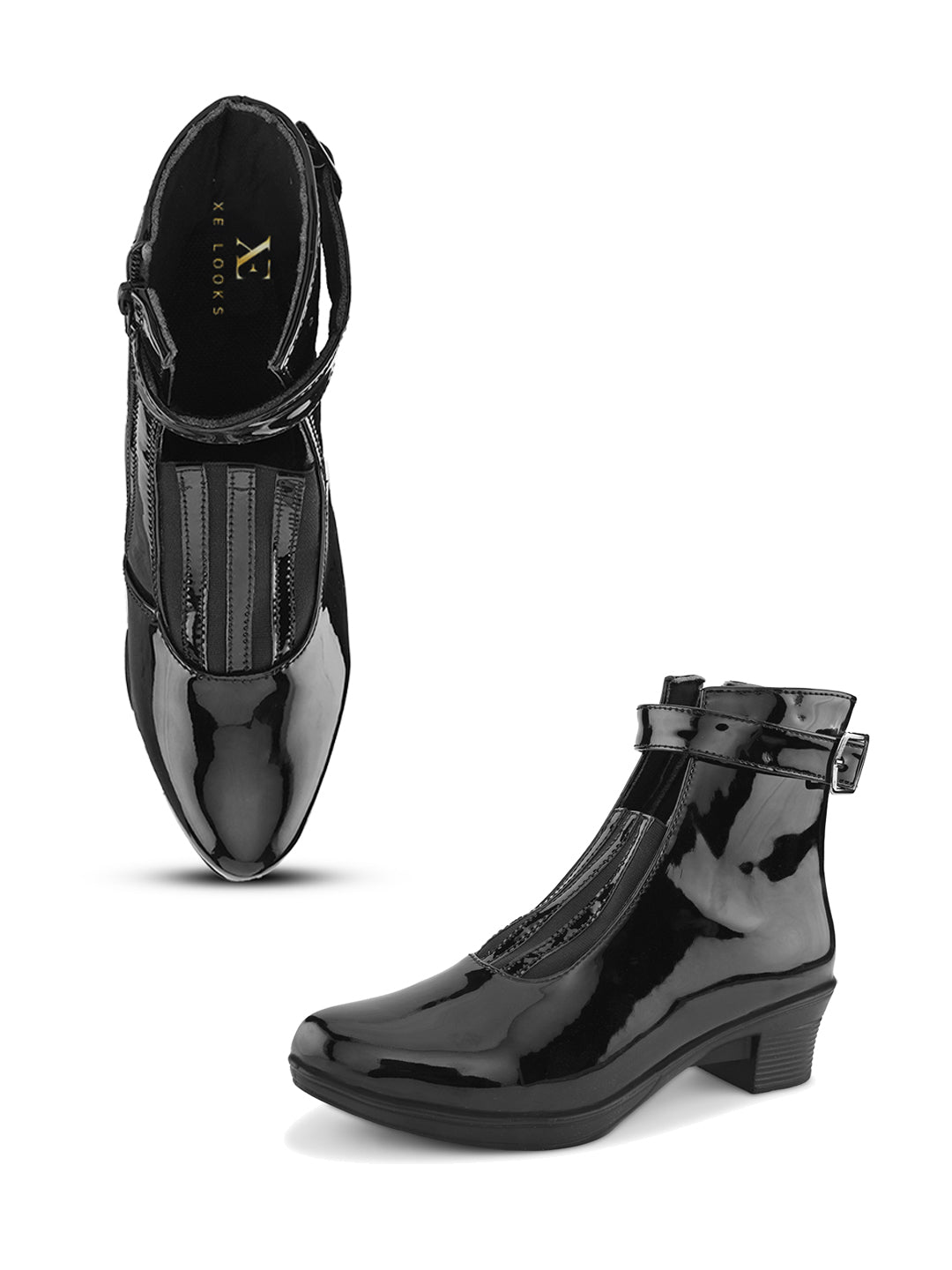 Glossy Buckle Accent Side Zipper Block Heel Ankle Boots