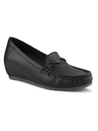 Classic Textured Vamp Buckle Detail Wedge Loafers