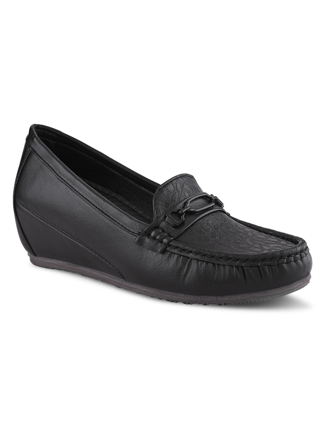 Classic Textured Vamp Buckle Detail Wedge Loafers