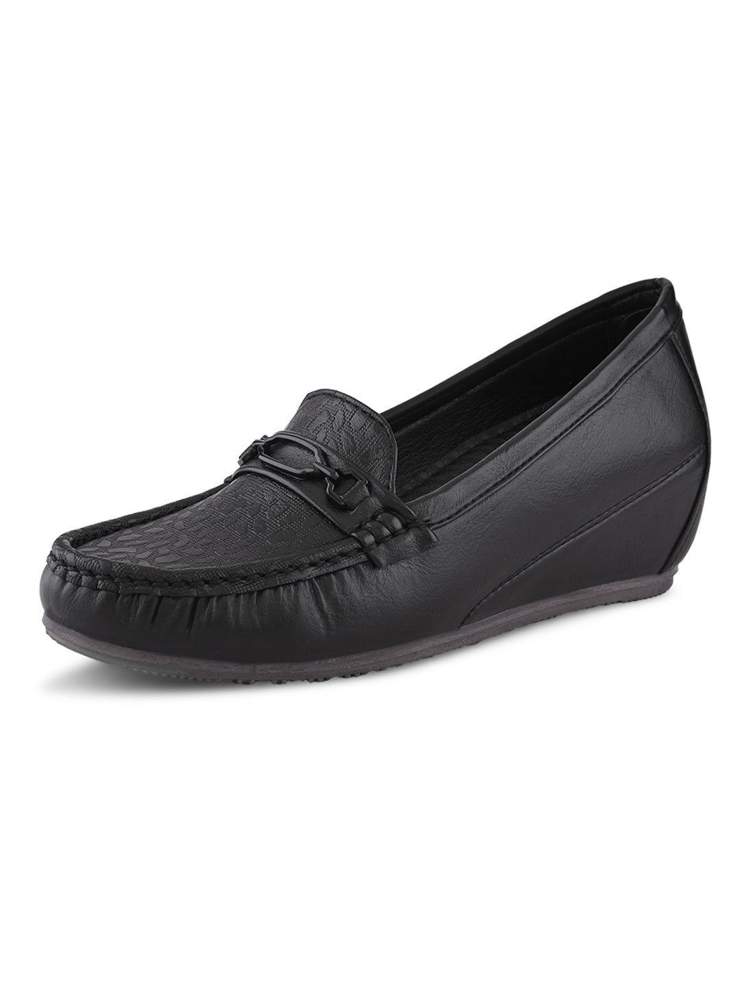 Classic Textured Vamp Buckle Detail Wedge Loafers