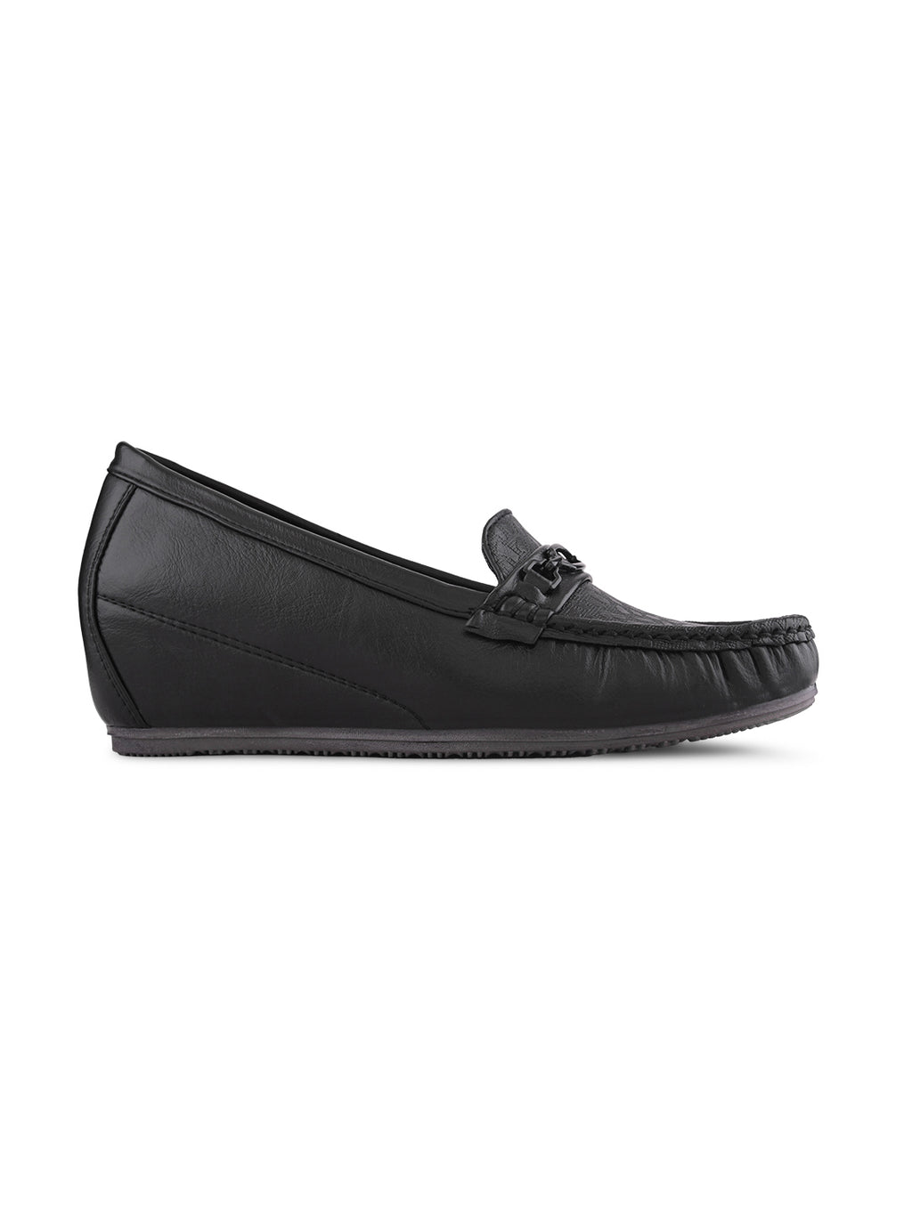 Classic Textured Vamp Buckle Detail Wedge Loafers