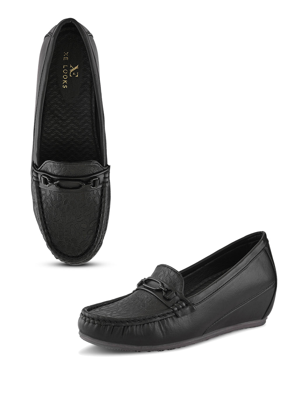 Classic Textured Vamp Buckle Detail Wedge Loafers