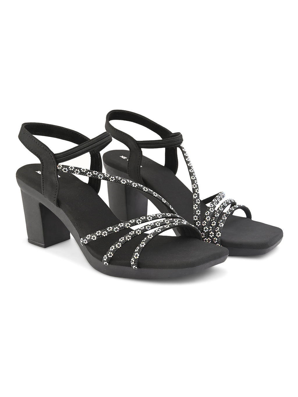 Embellished Multi-Cross Strap Block Heel Sandals