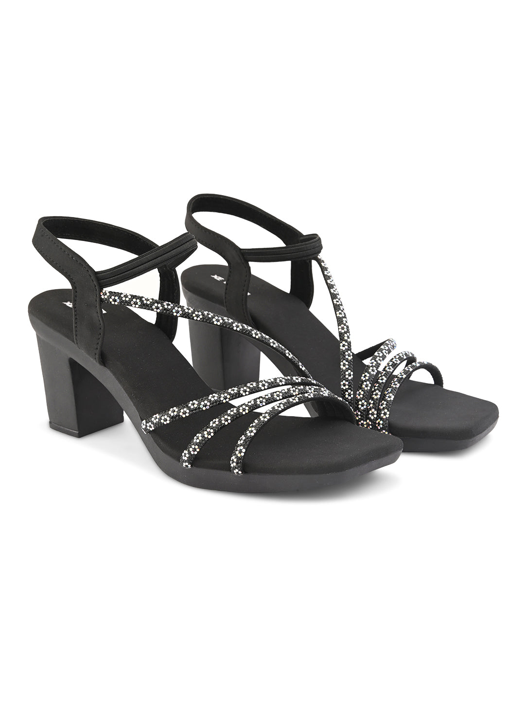 Embellished Multi-Cross Strap Block Heel Sandals