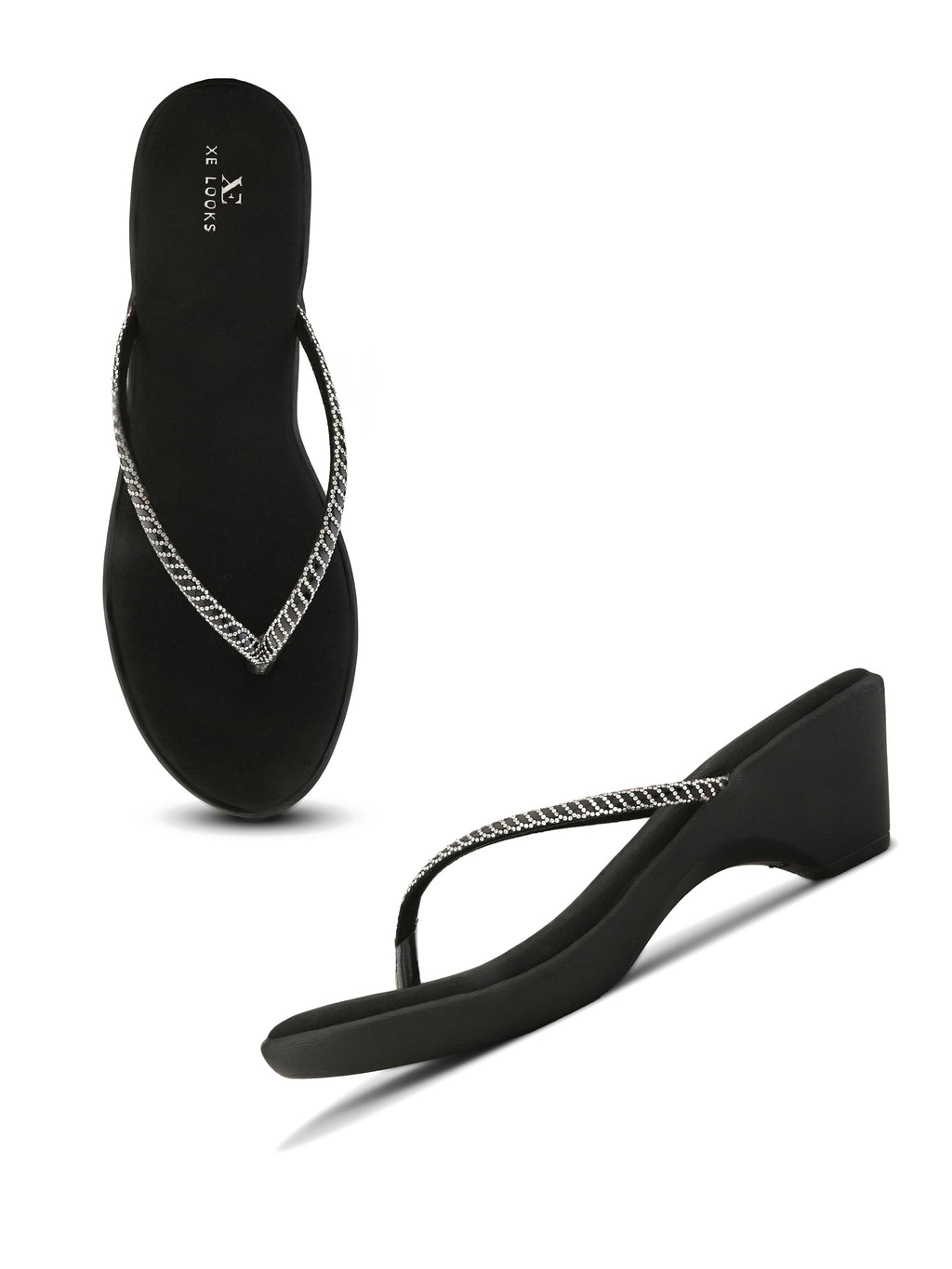 Wedge Thong Sandals Beaded Crisscross with Subtle Sparkle