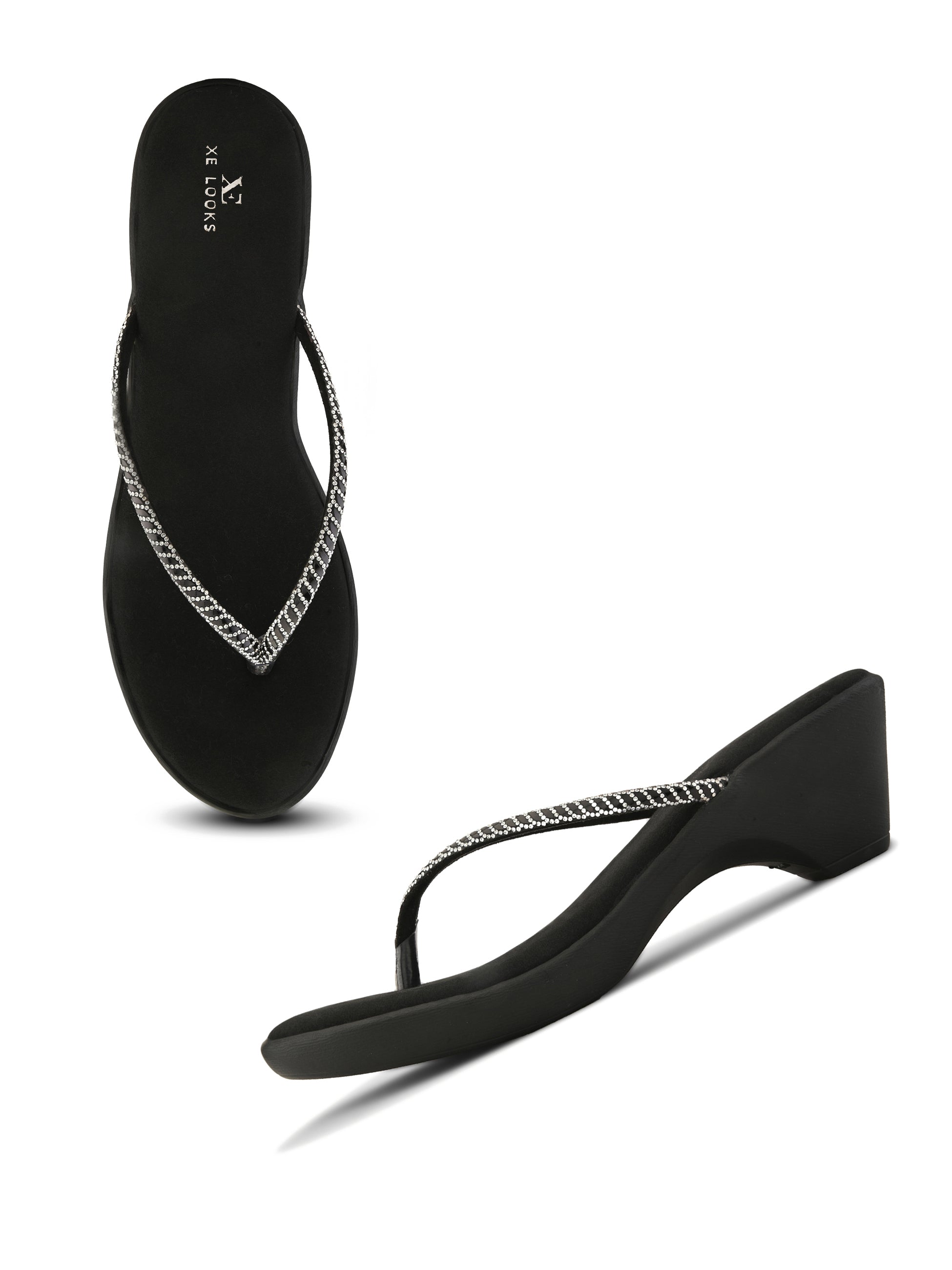 Wedge Thong Sandals Beaded Crisscross with Subtle Sparkle