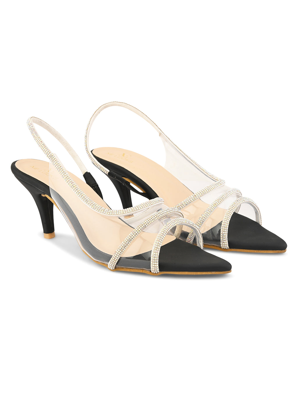Rhinestone-Studded Clear Strap Slingback Heels