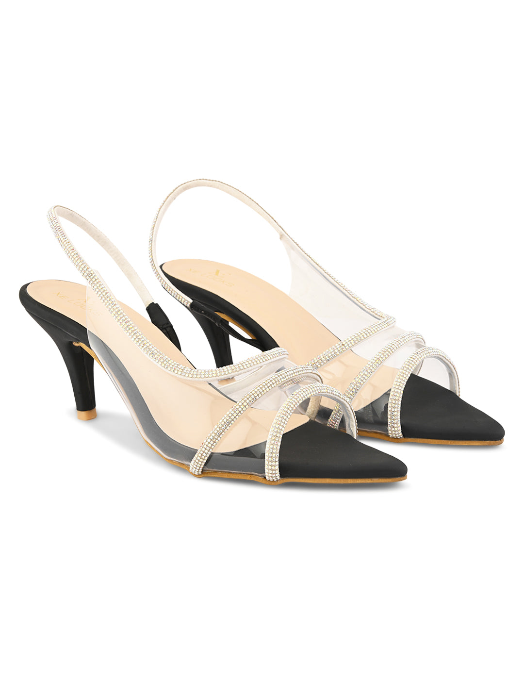 Rhinestone-Studded Clear Strap Slingback Heels