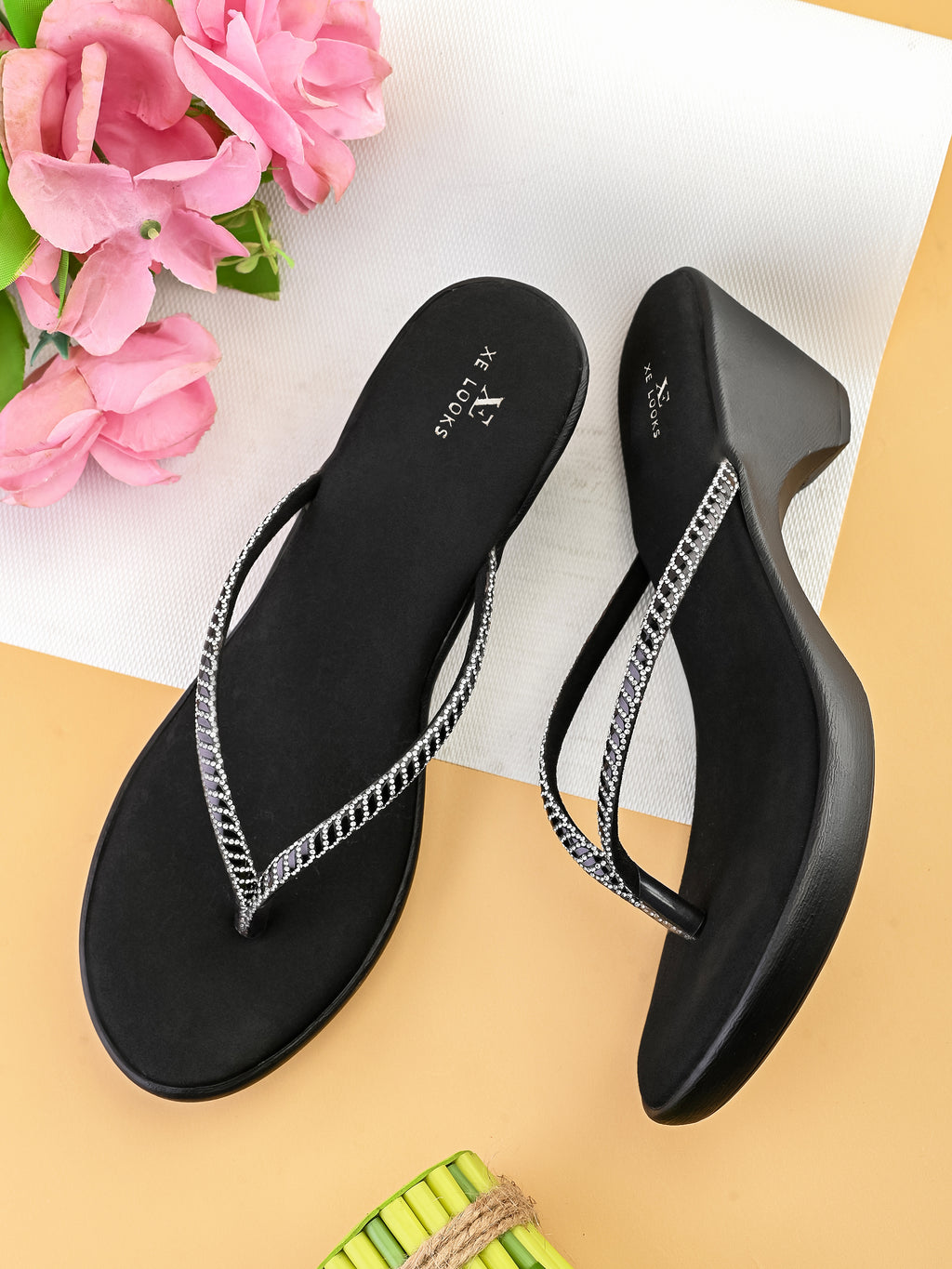 Wedge Thong Sandals Beaded Crisscross with Subtle Sparkle