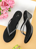 Wedge Thong Sandals Beaded Crisscross with Subtle Sparkle