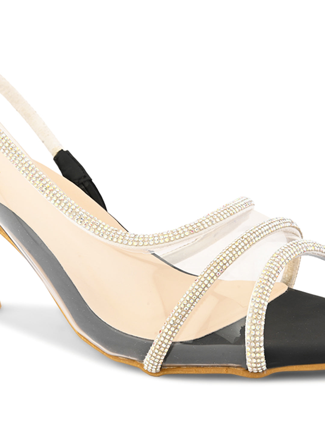 Rhinestone-Studded Clear Strap Slingback Heels