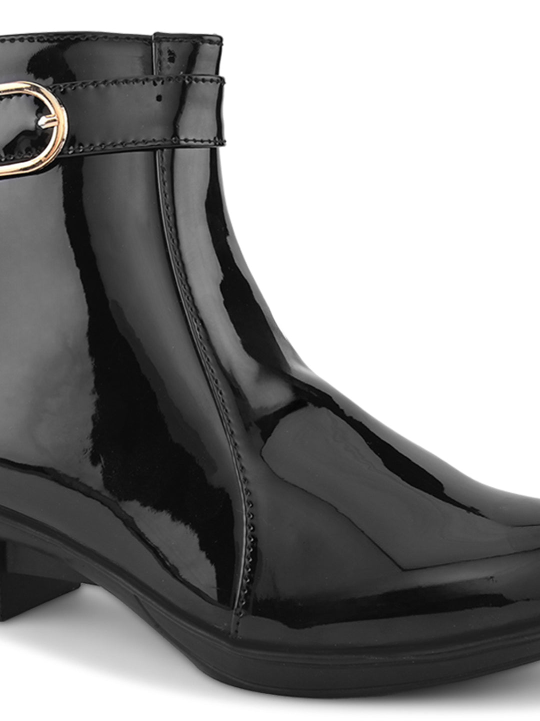 Glossy Buckle Accent Side Zip Block Heel Ankle Boots