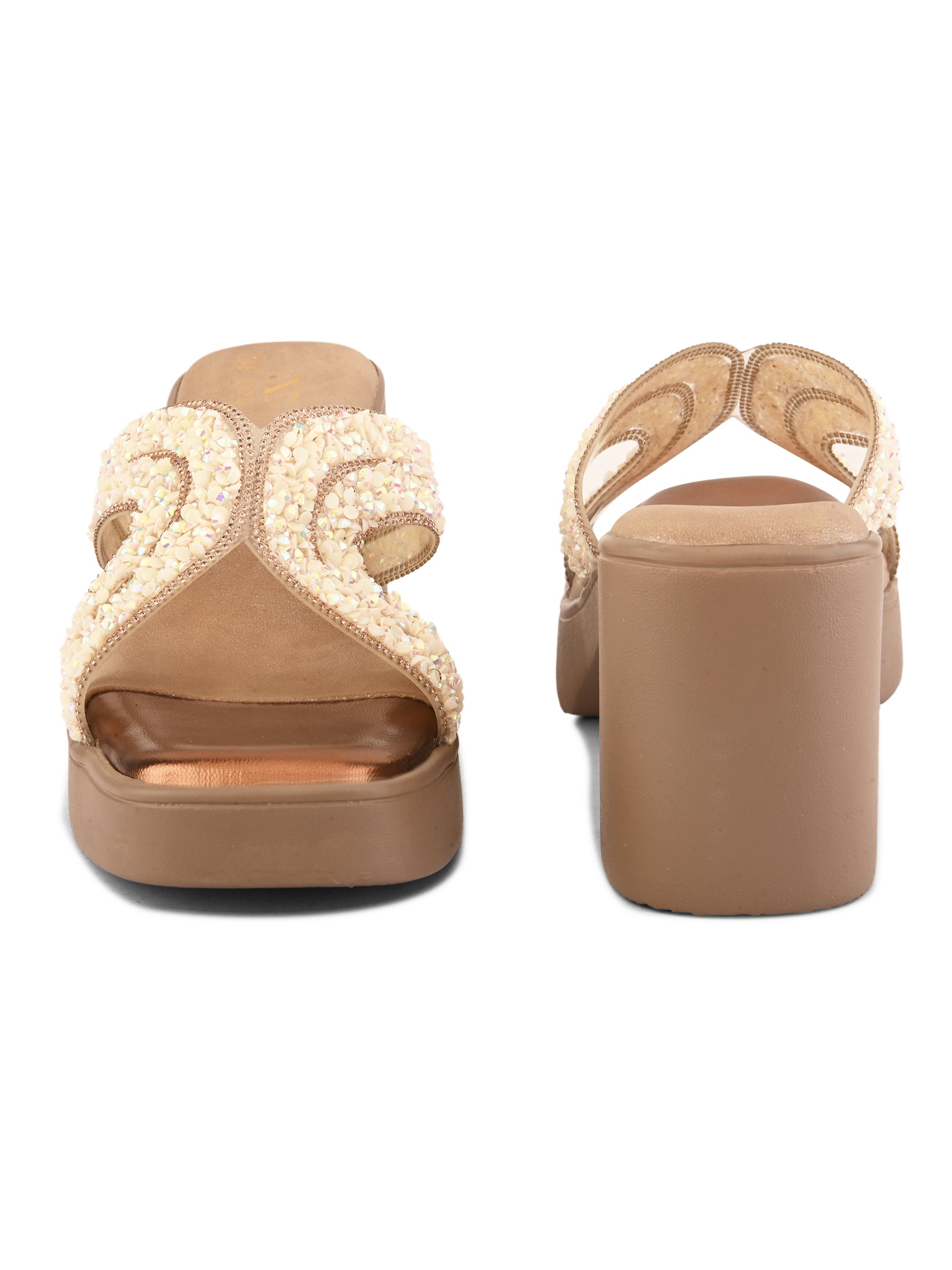 Embellished Criss-Cross Beaded Design Slip-On Block Heel Sandals