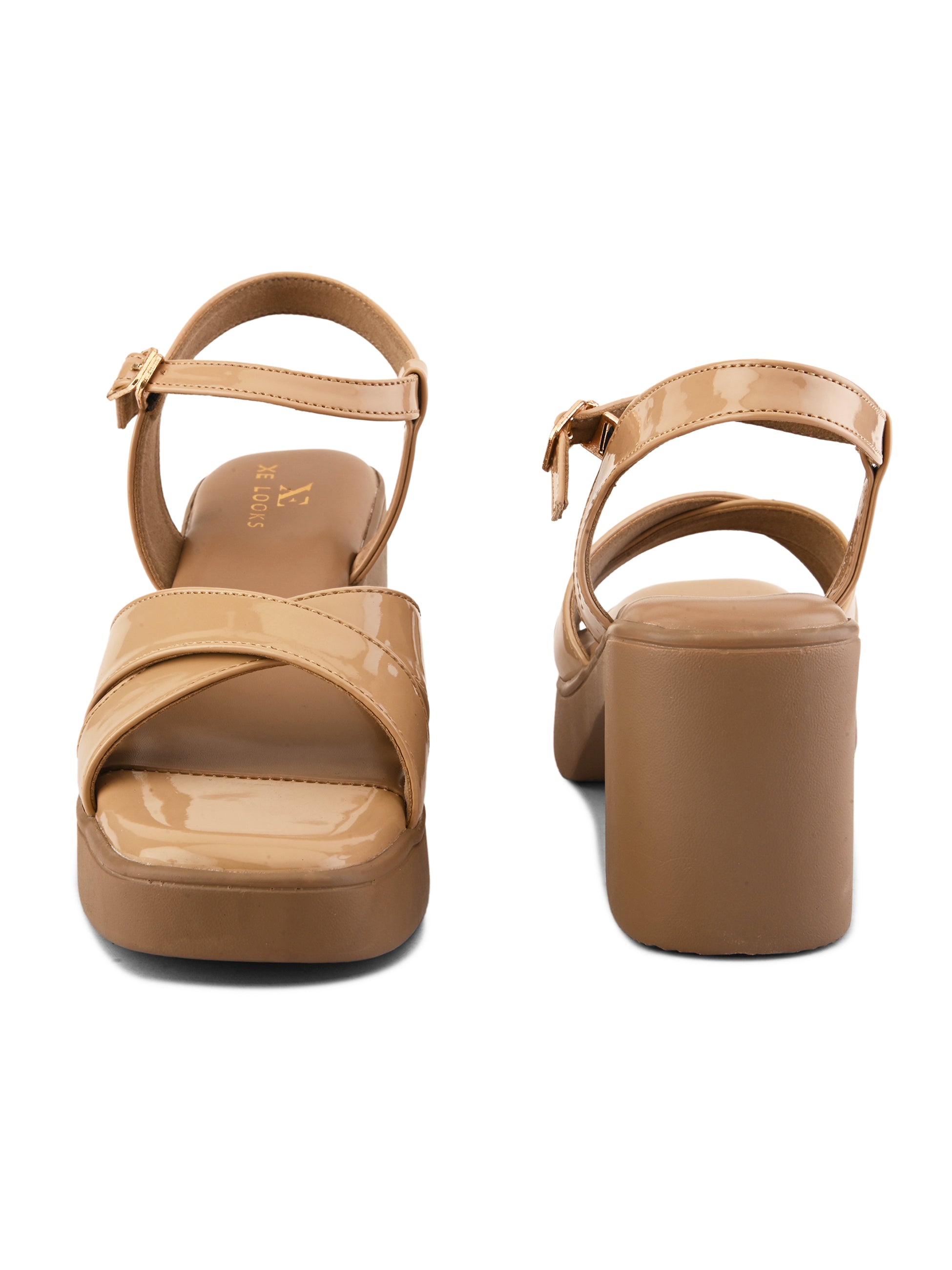 Glossy Criss-Cross Strap Design Block Heel Sandals
