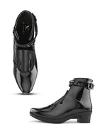 Glossy Buckle Accent Side Zipper Block Heel Ankle Boots