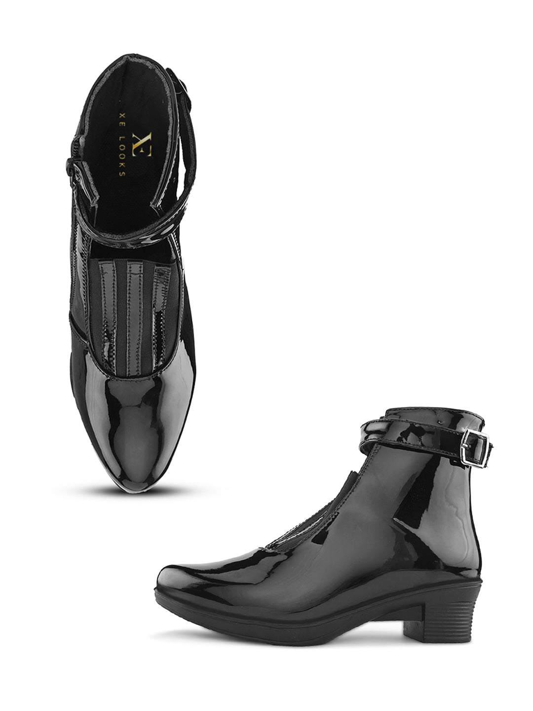 Glossy Buckle Accent Side Zipper Block Heel Ankle Boots