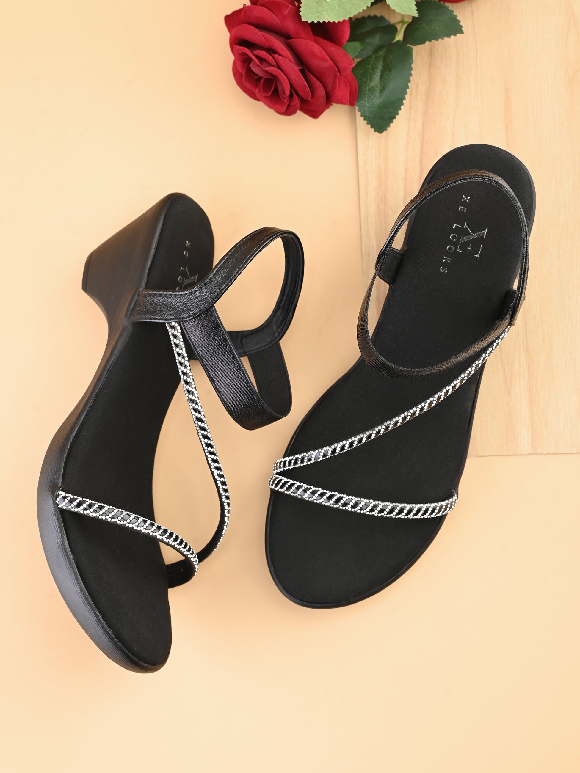 Classic Wedge Sandals Metallic Beaded Crisscross Straps