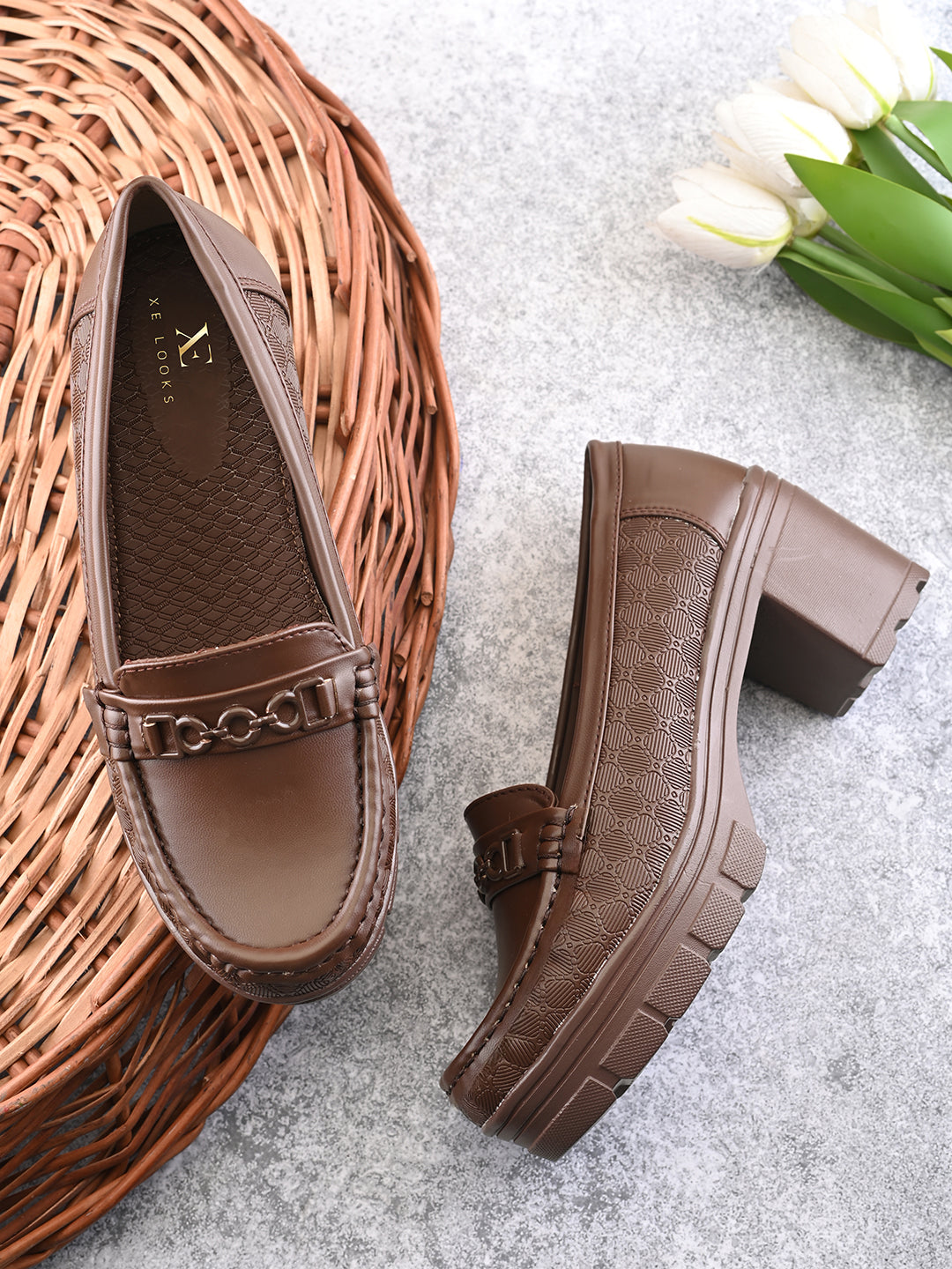 Textured Upper Accent Chunky Platform Block Heel Loafers