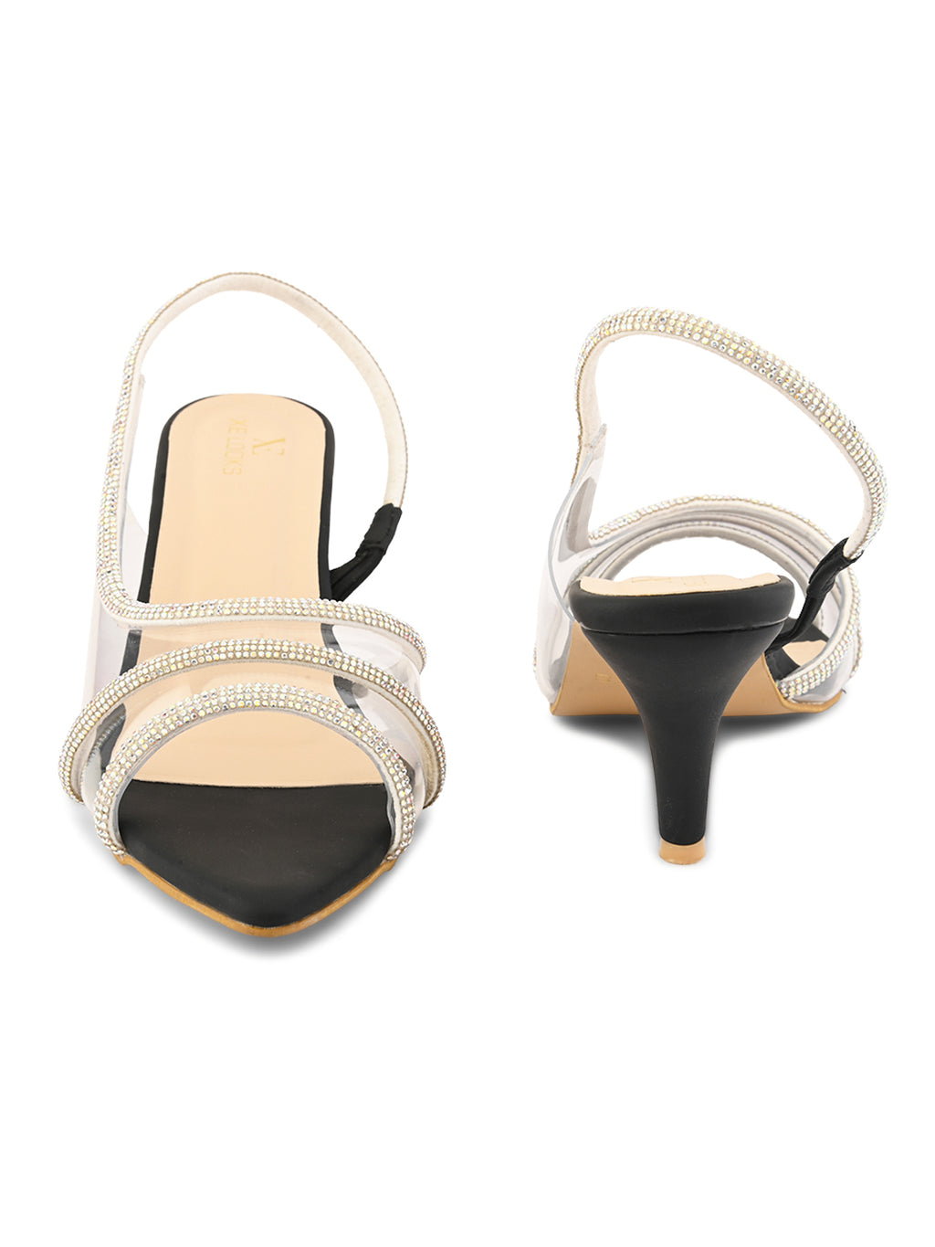 Rhinestone-Studded Clear Strap Slingback Heels