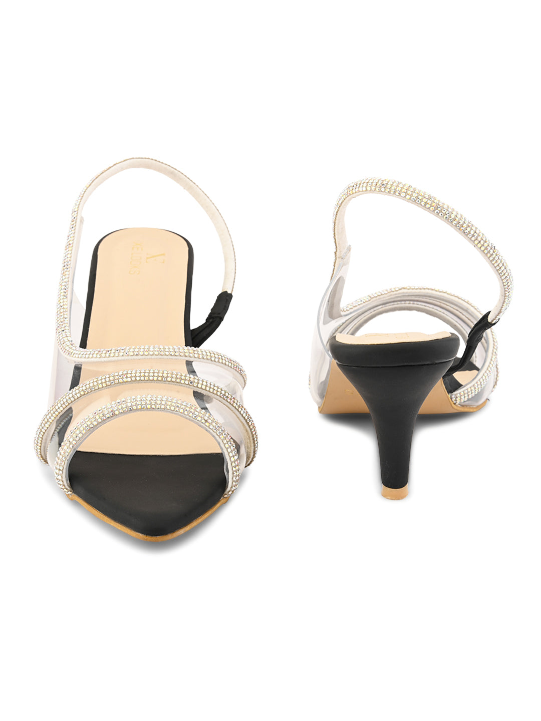 Rhinestone-Studded Clear Strap Slingback Heels