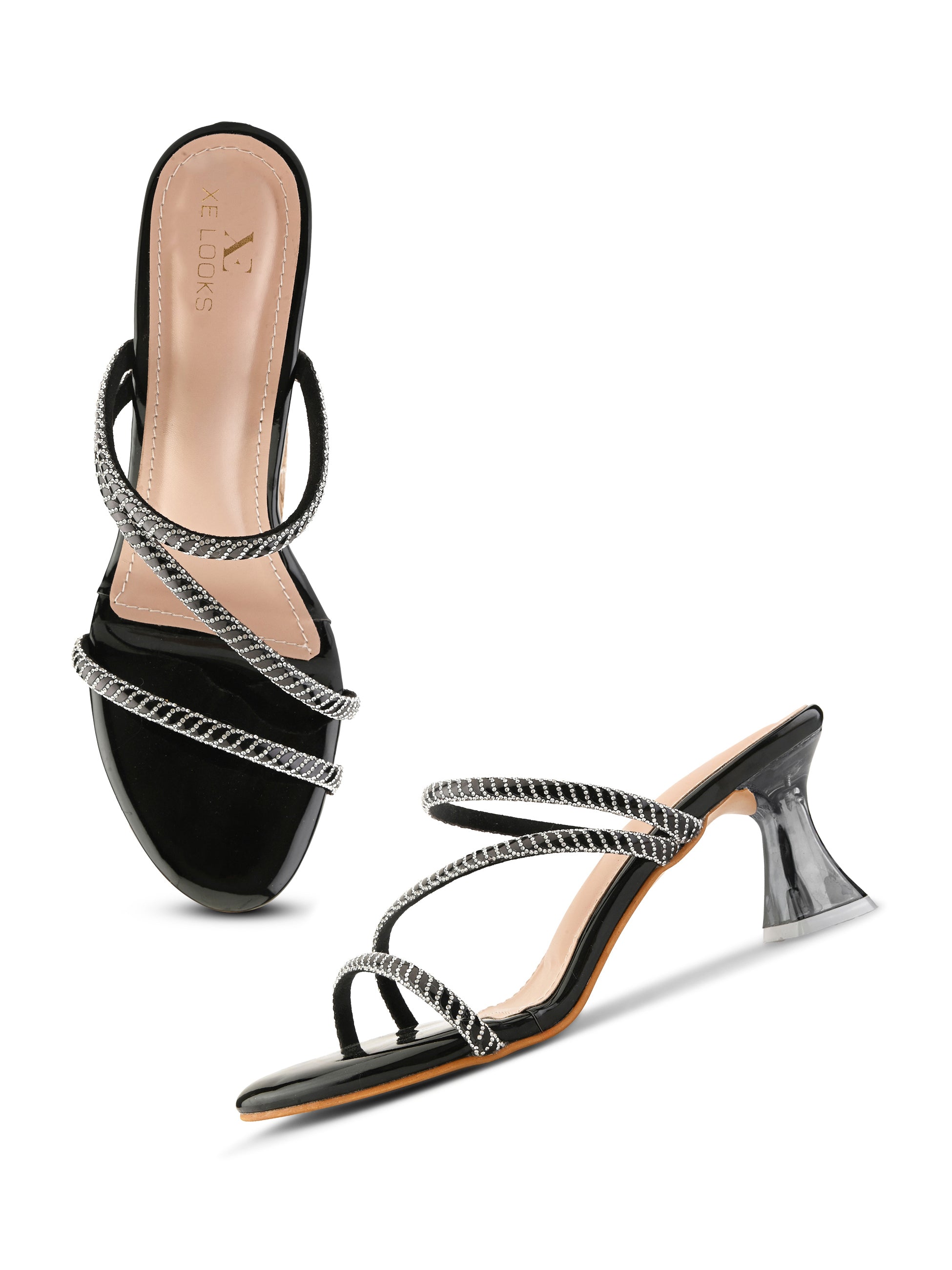 Criss-Cross Embellished Straps Block Heel Sandals