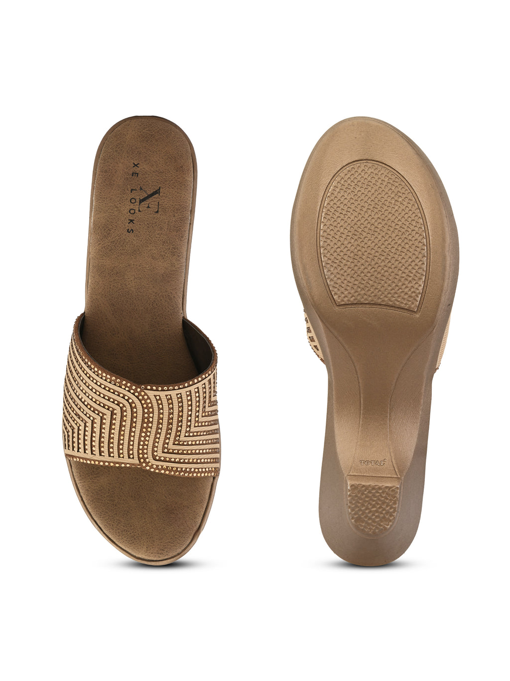 Wedge Slide Sandals Pleated Upper Strap with Chevron