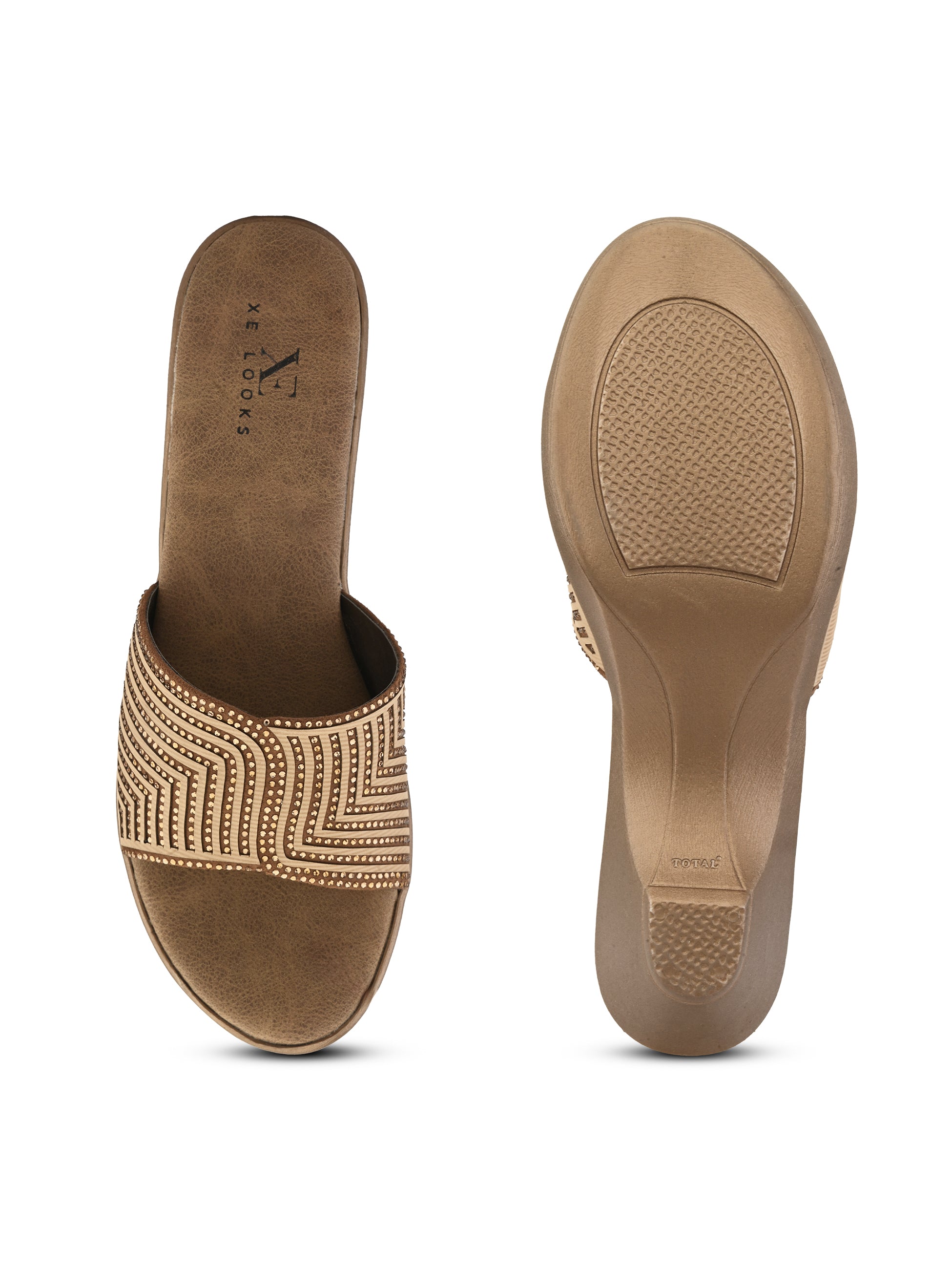 Wedge Slide Sandals Pleated Upper Strap with Chevron