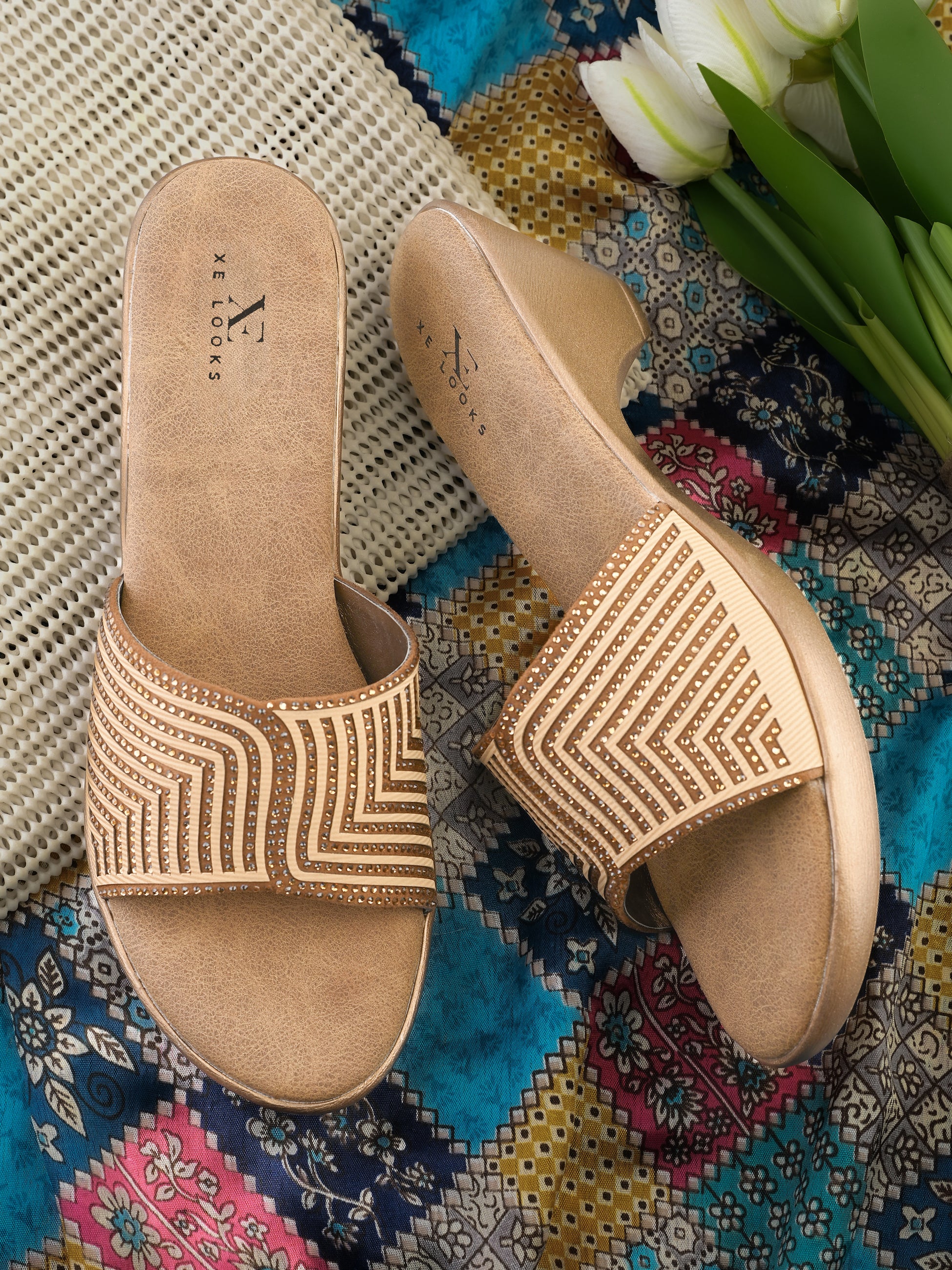 Wedge Slide Sandals Pleated Upper Strap with Chevron