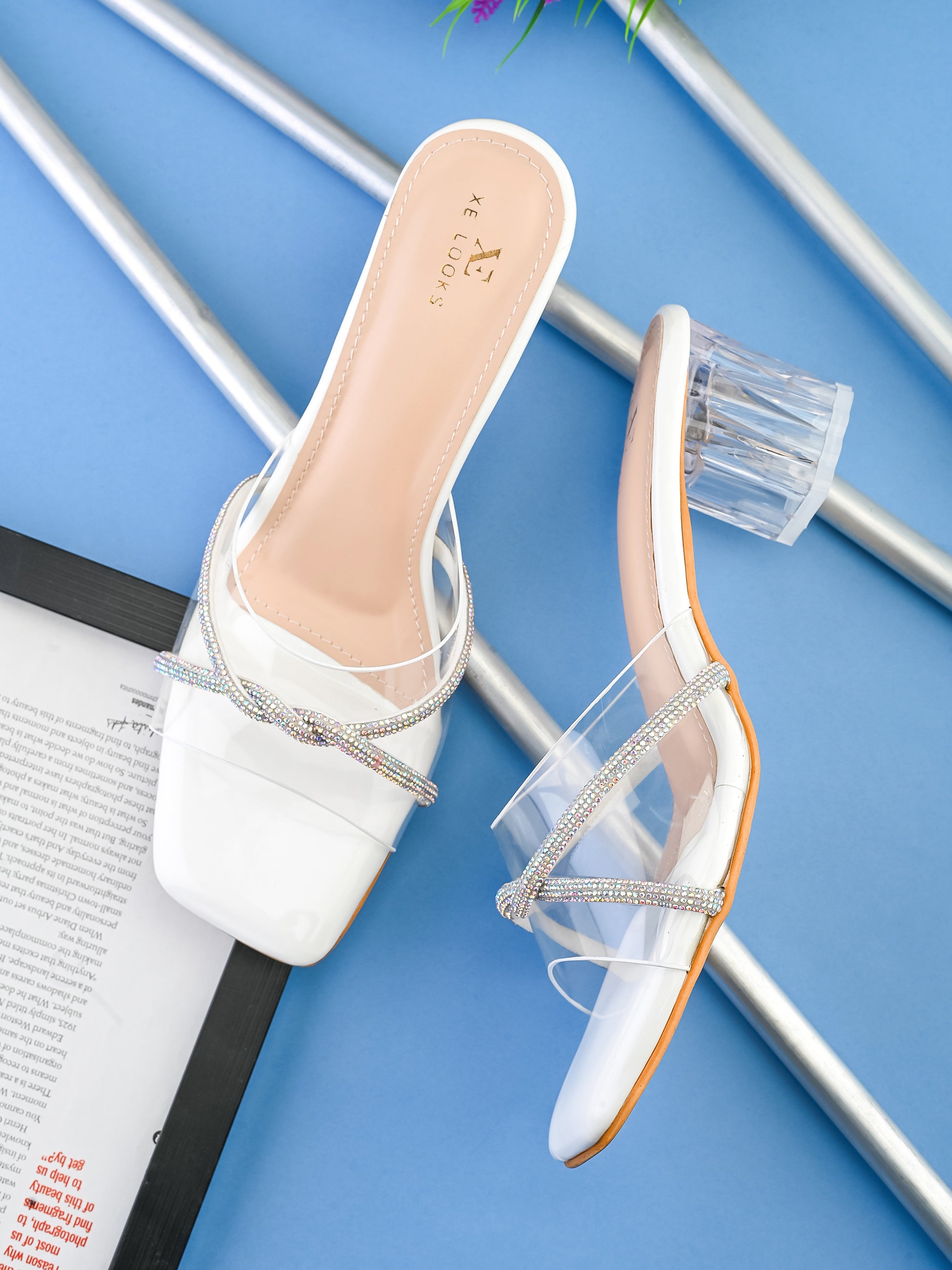 Transparent Straps Rhinestone Embellished Upper Glossy Block Heels