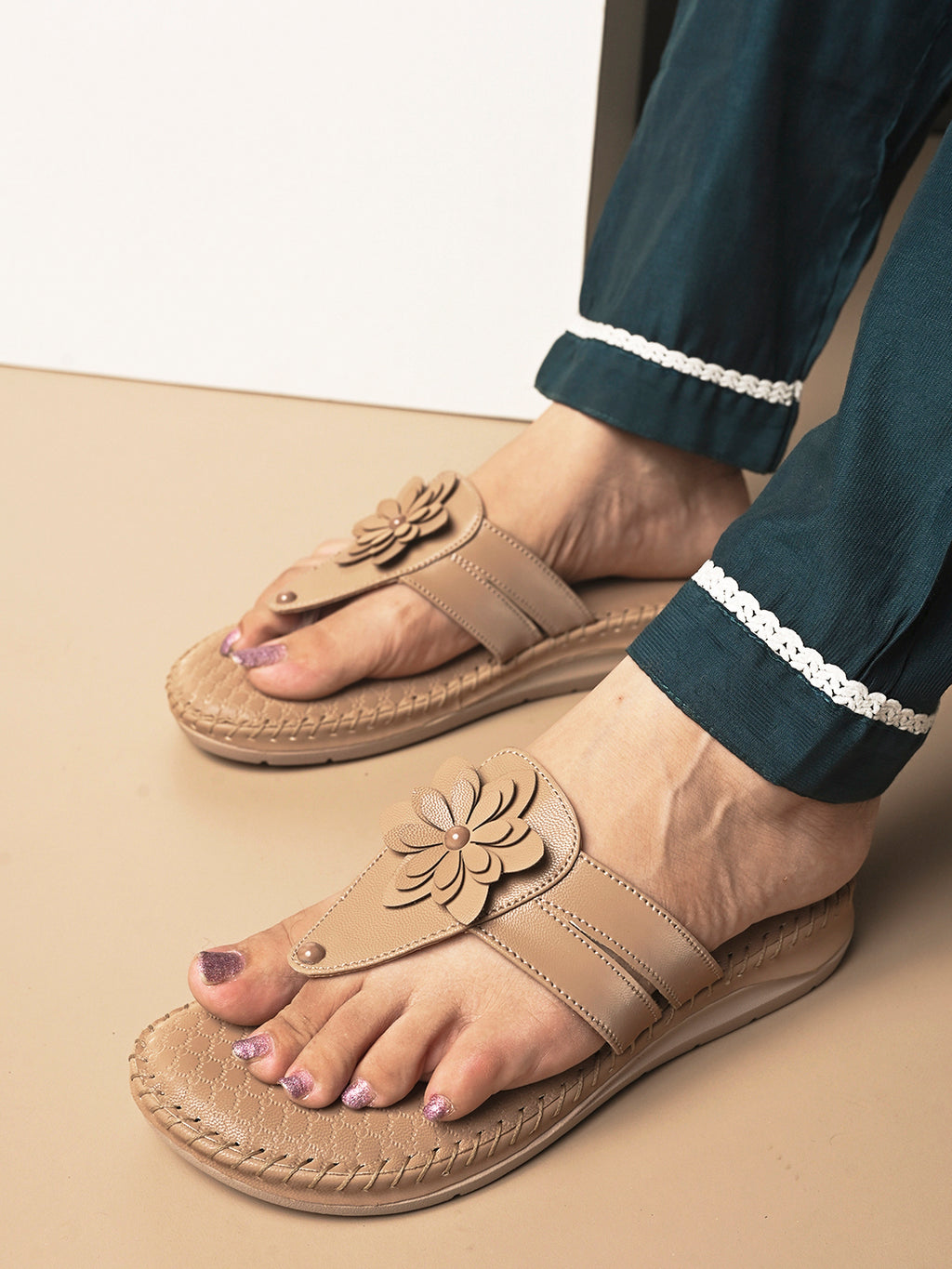 Orthopedic Flat Slippers - Flower Embellishment Flats