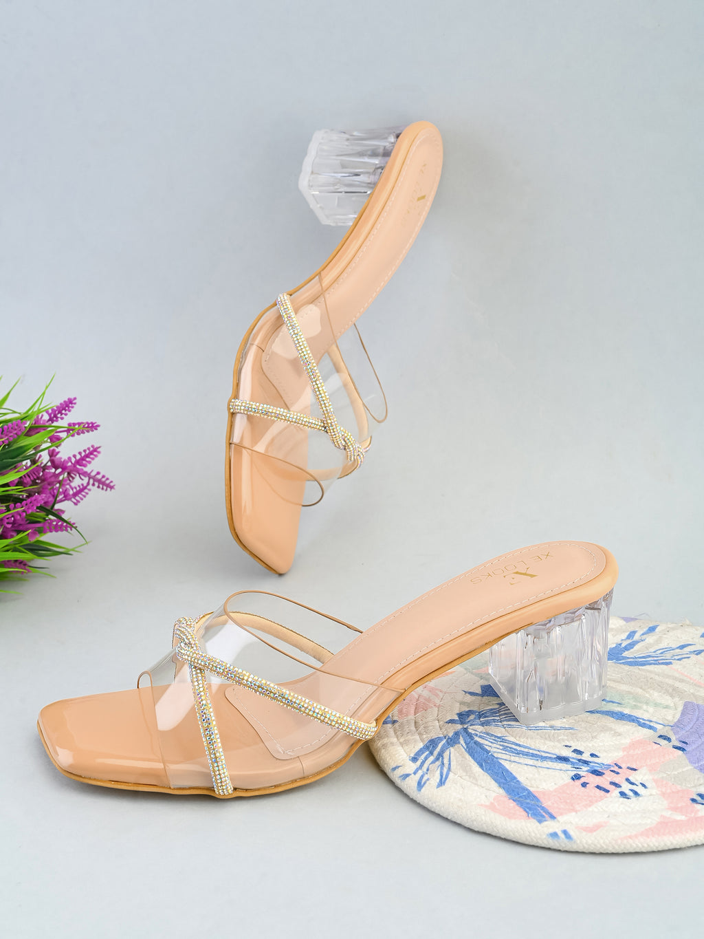 Transparent Straps Rhinestone Embellished Upper Glossy Block Heels
