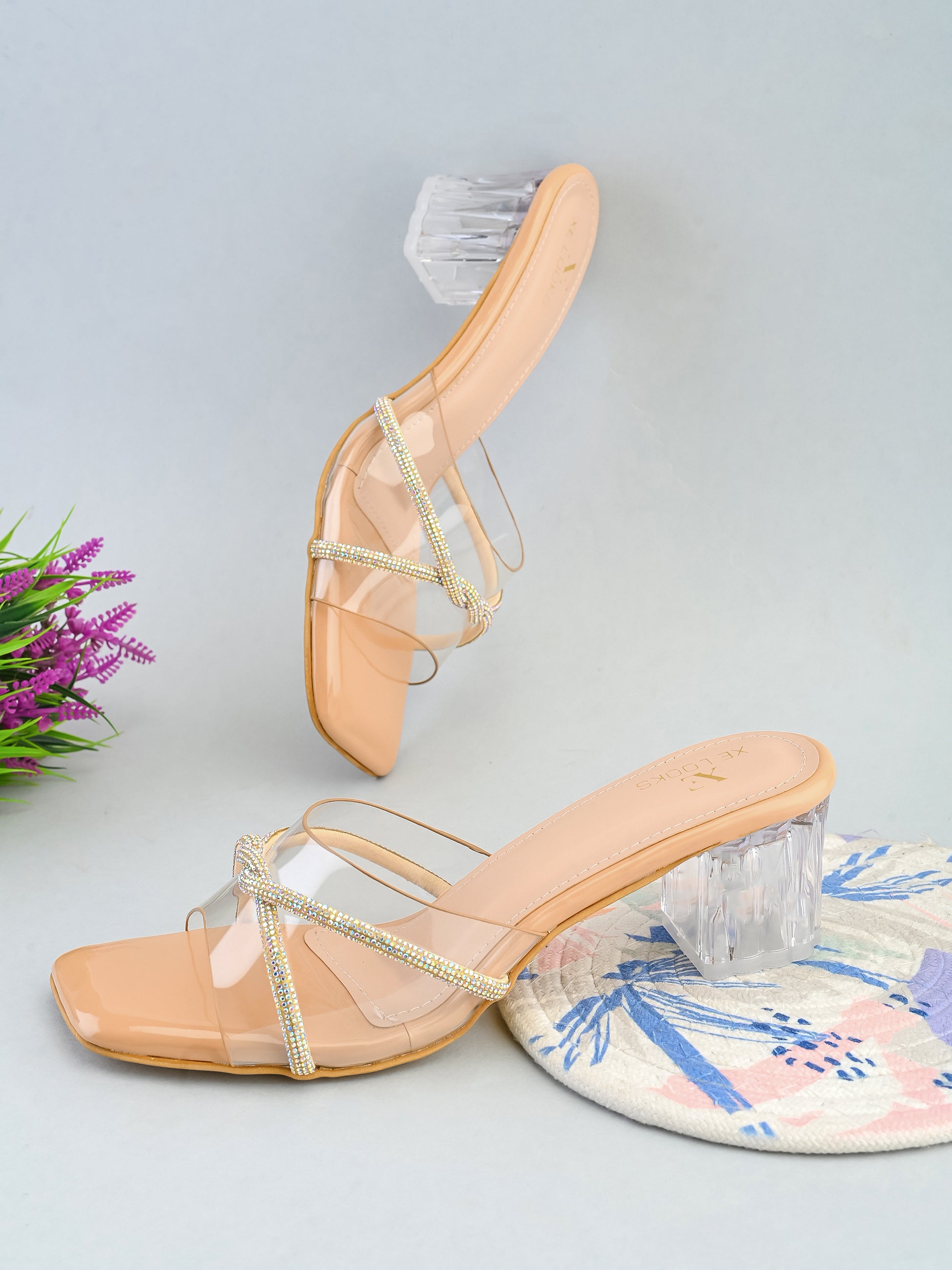 Transparent Straps Rhinestone Embellished Upper Glossy Block Heels