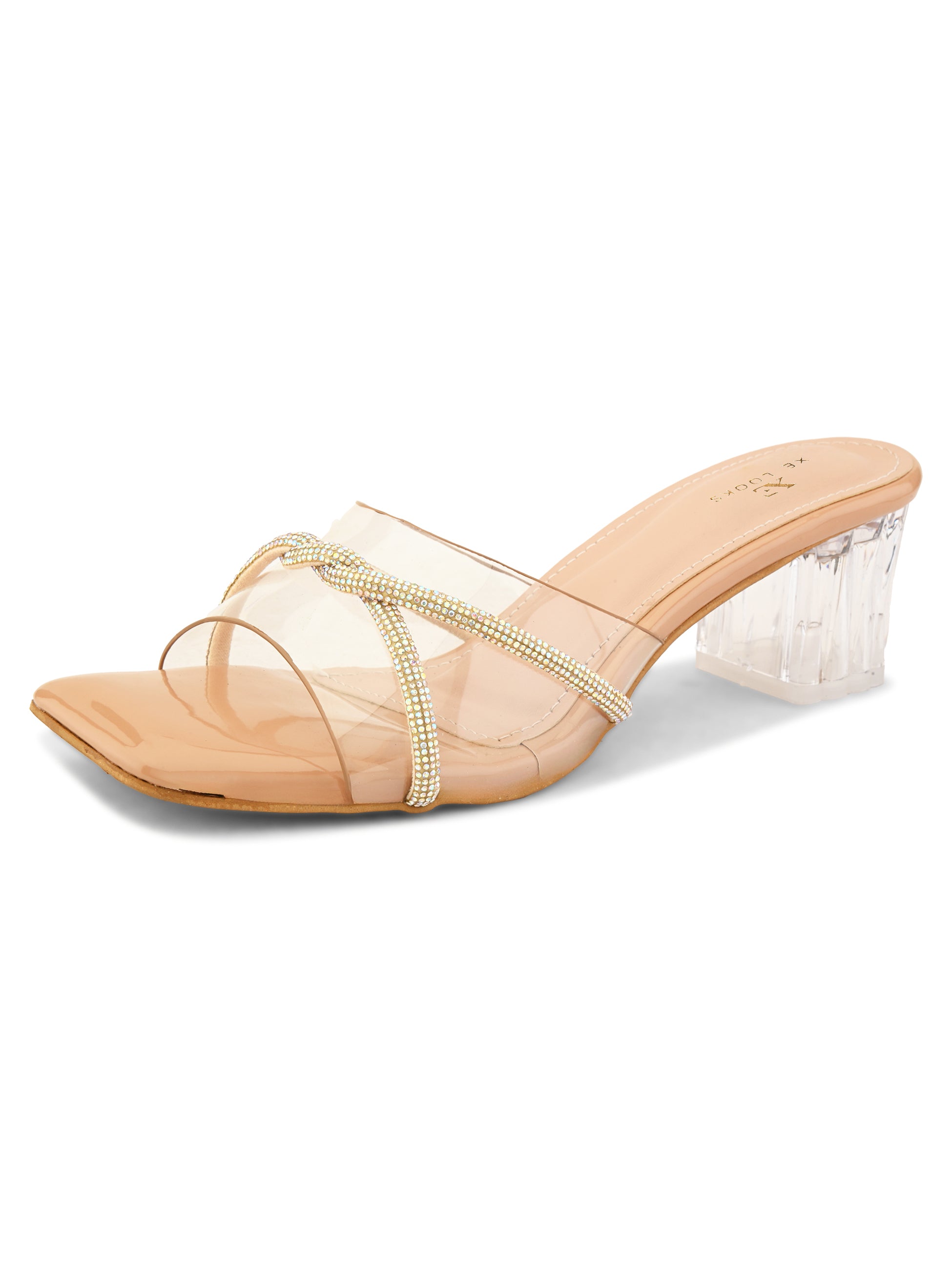 Transparent Straps Rhinestone Embellished Upper Glossy Block Heels