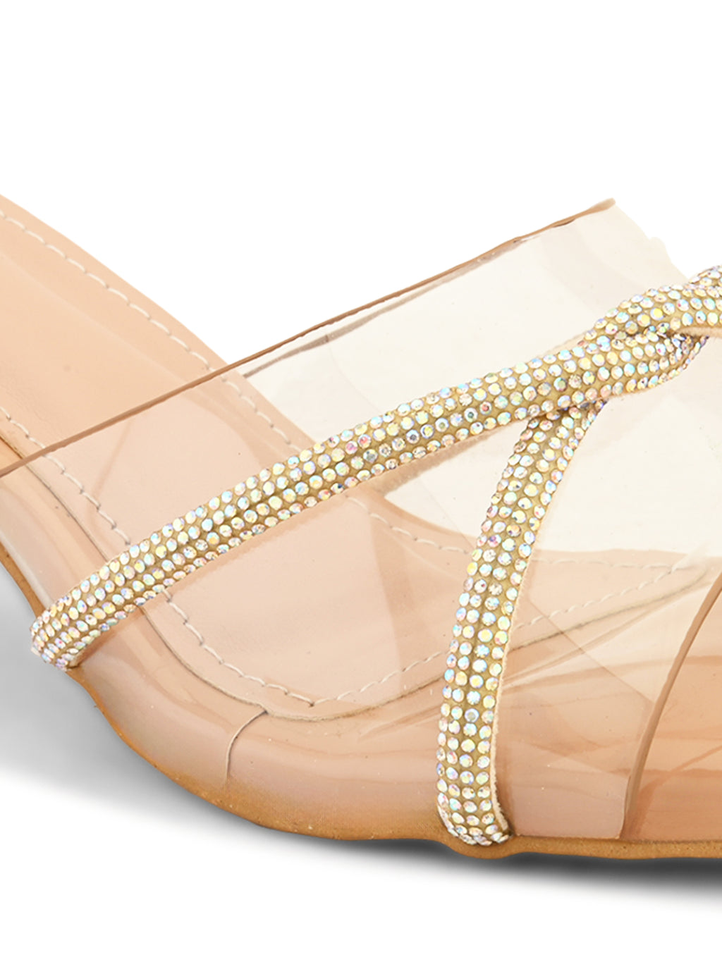 Transparent Straps Rhinestone Embellished Upper Glossy Block Heels