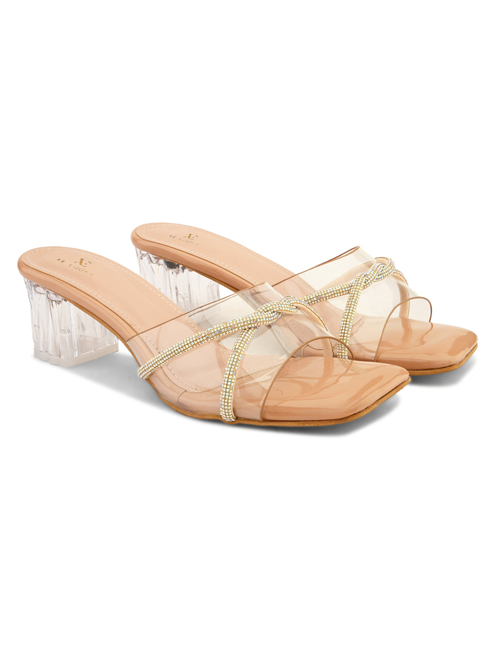 Transparent Straps Rhinestone Embellished Upper Glossy Block Heels