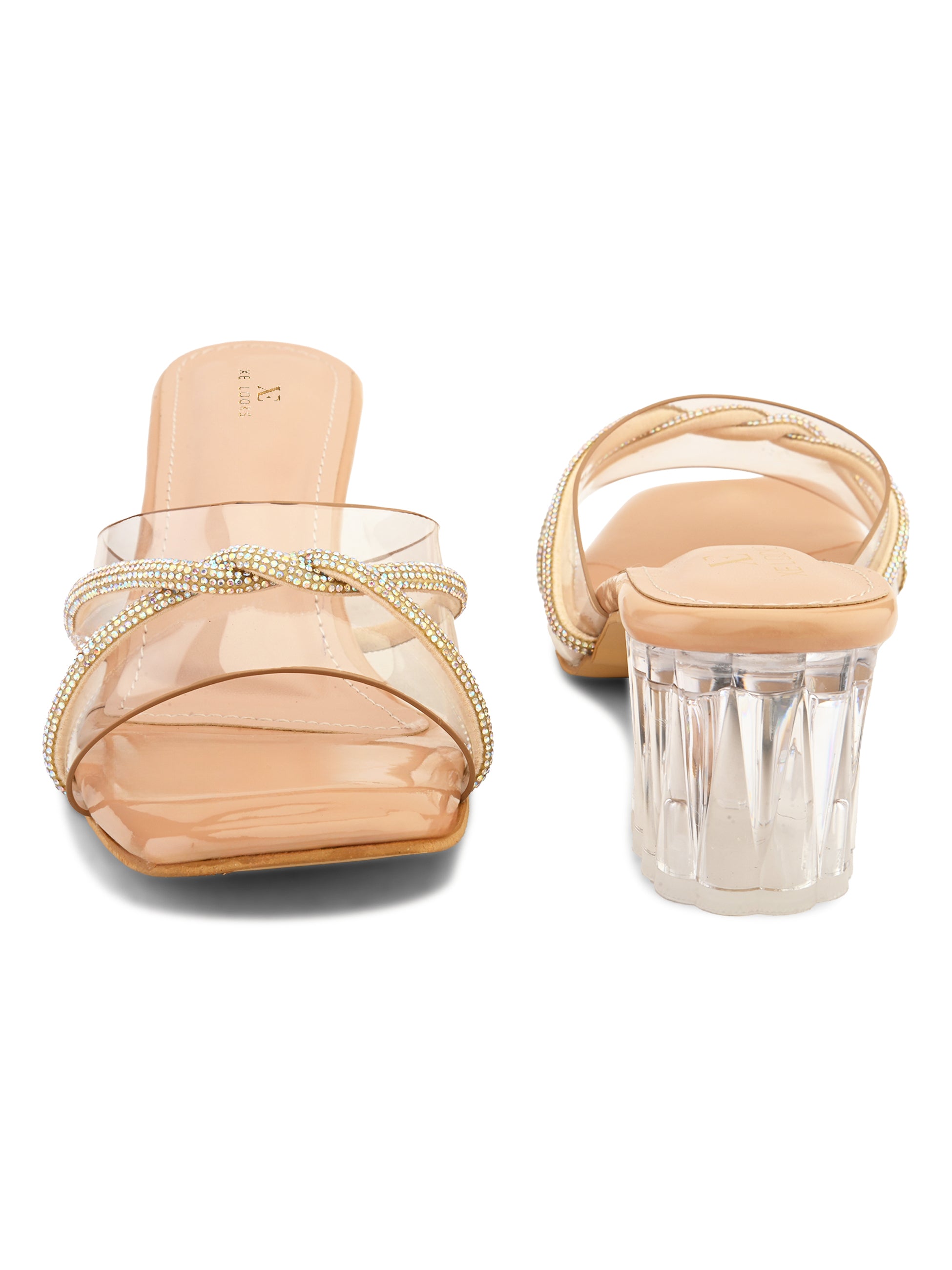 Transparent Straps Rhinestone Embellished Upper Glossy Block Heels