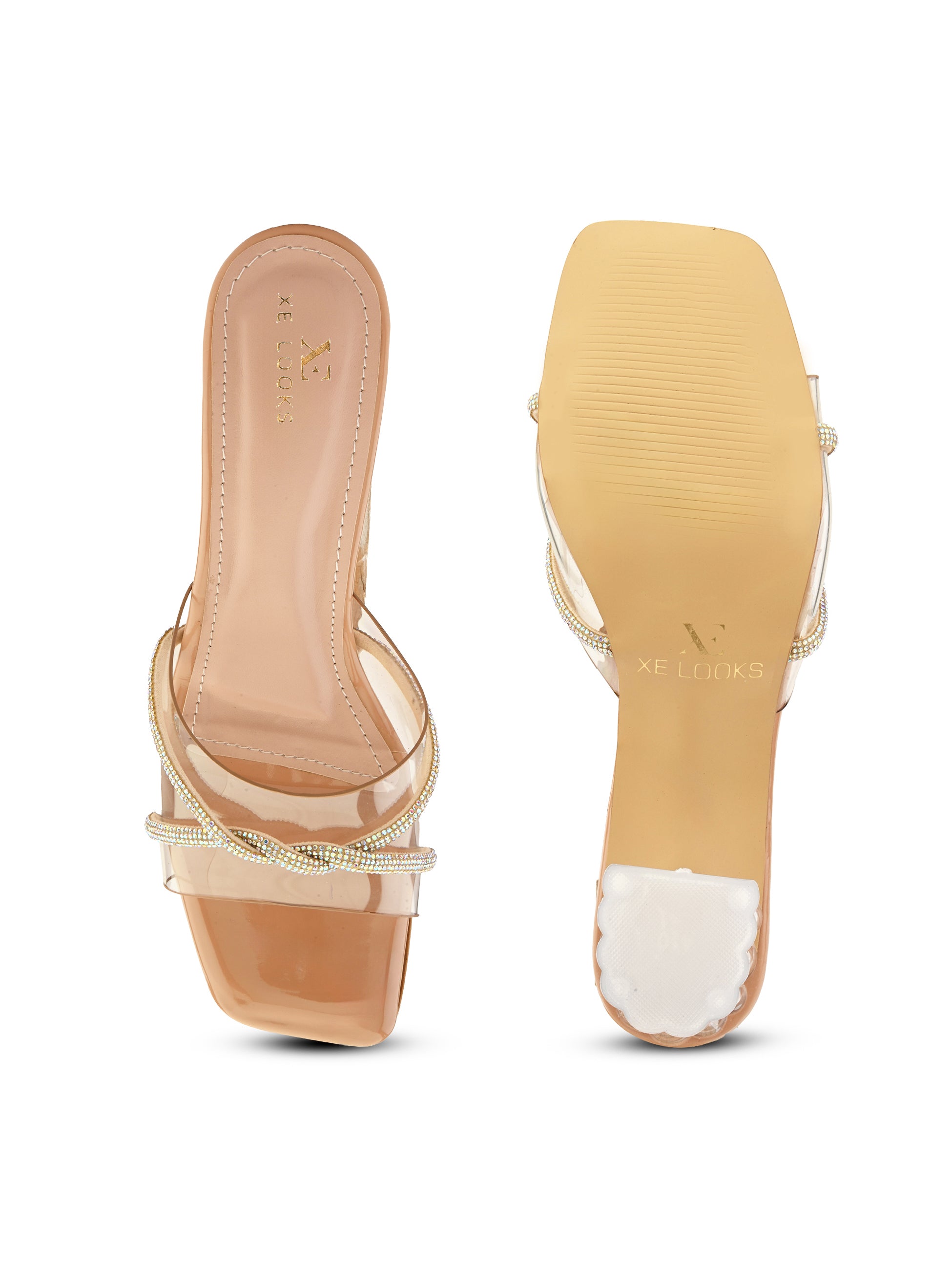 Transparent Straps Rhinestone Embellished Upper Glossy Block Heels