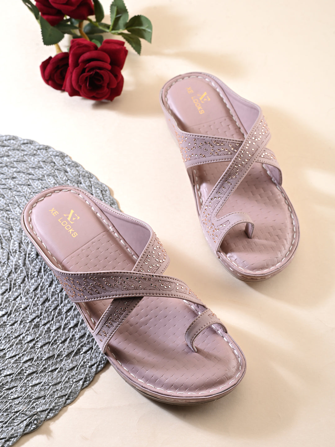 Soft & Supportive Engraved Cross Strap Wedge Slippers