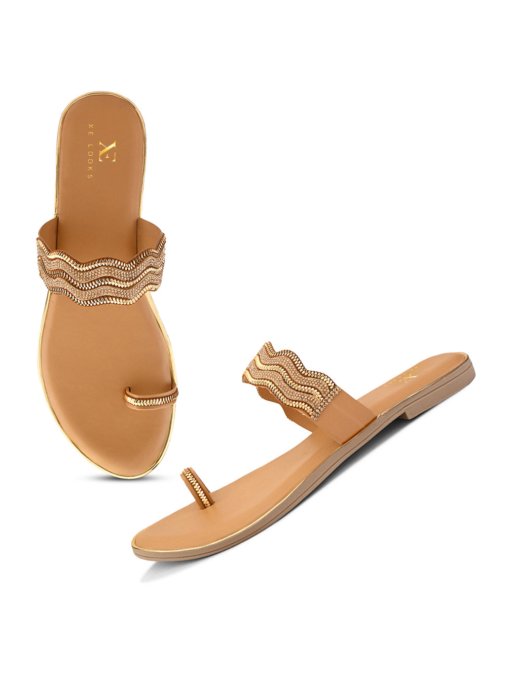 Stylish Ethnic Slip-On Flats with Sparkling Wavy Detailing