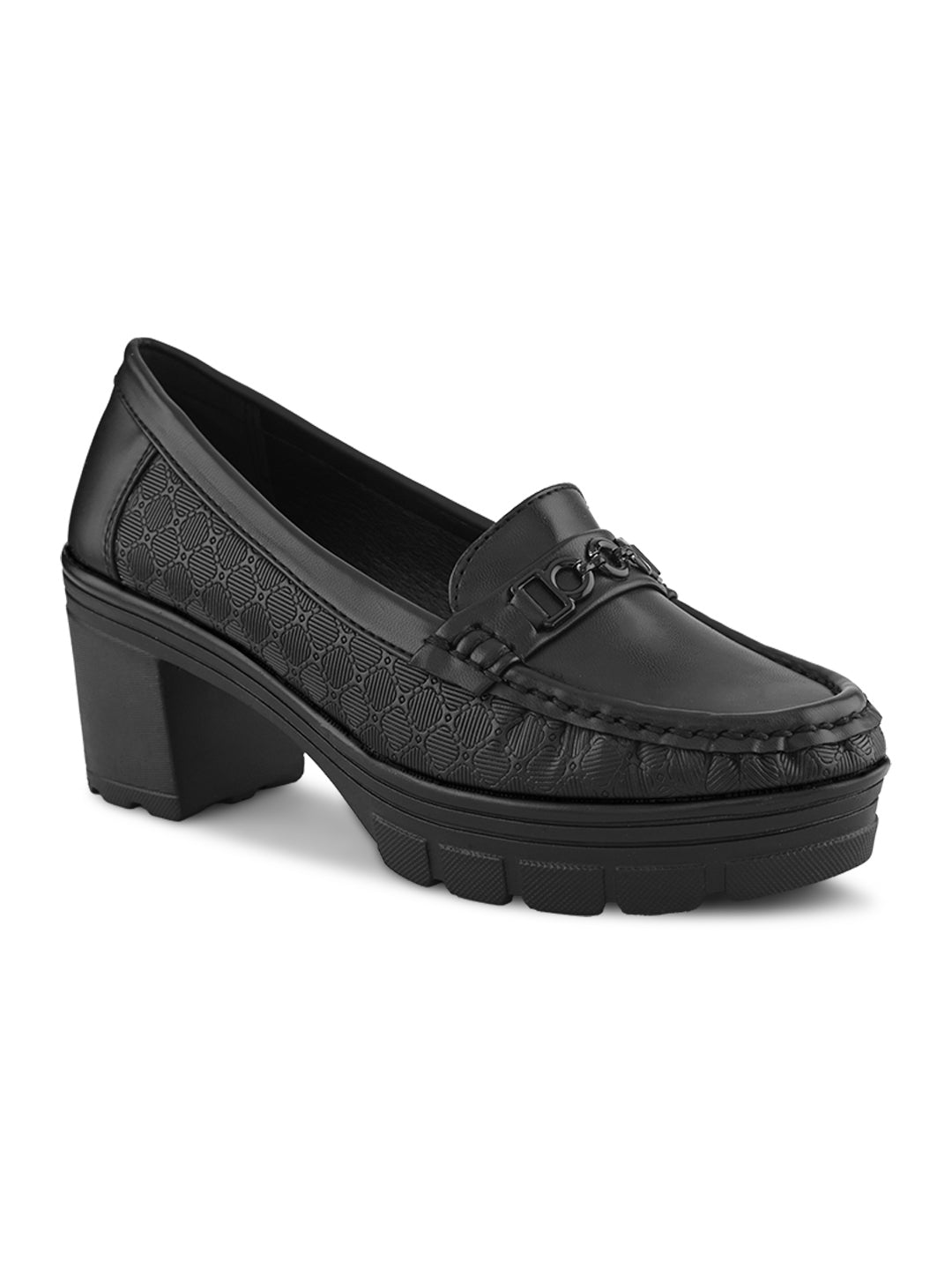 Textured Upper Accent Chunky Platform Block Heel Loafers