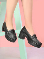 Textured Upper Accent Chunky Platform Block Heel Loafers