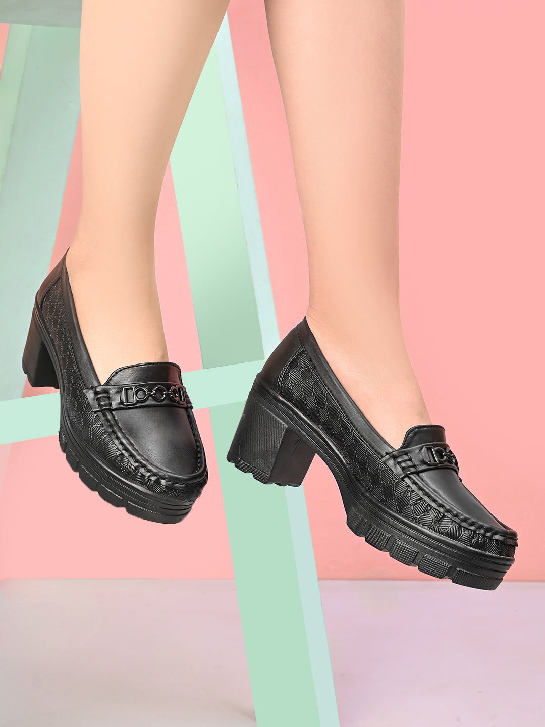 Textured Upper Accent Chunky Platform Block Heel Loafers